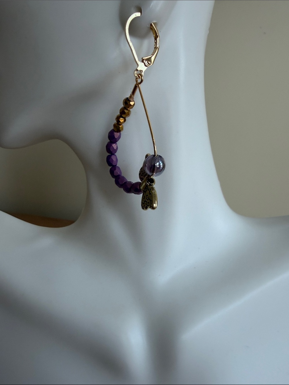 HAND CRAFTED WHIMSIGOTH DRAGONFLY TEARDROPS EARRINGS Purple & Gold Fairycore - Picture 5 of 9